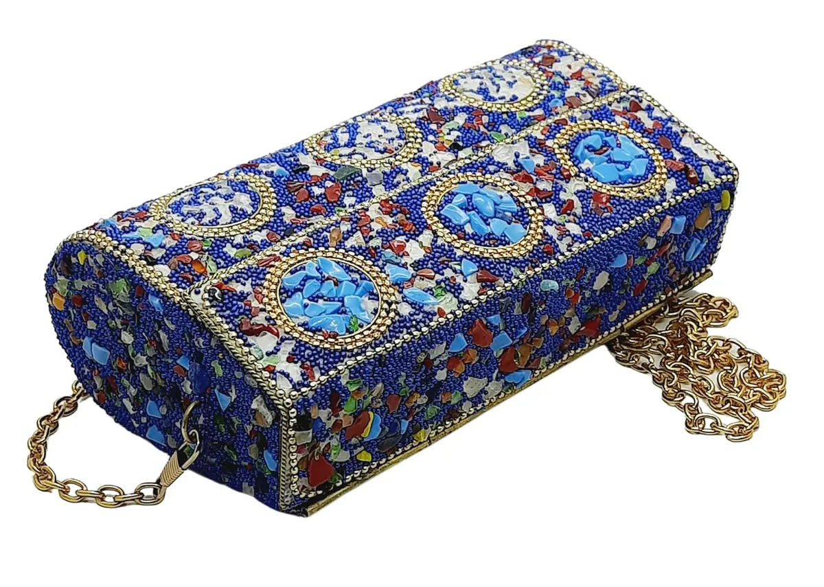 Blue Mosaic Metal Ethnic Handbag for Women